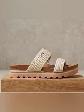NEW! Reef Cushion Vista Hi Raffia Double-Band Platform Slide Sandals Sz 8 NWT